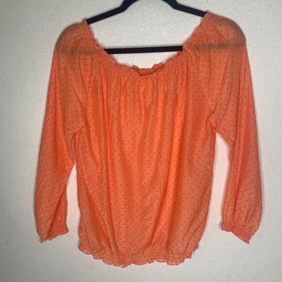 Joe Fresh Cotton Silk Top M Orange Polka Dot 3/4 Sleeve‎ Off-Shoulder - Picture 6 of 13